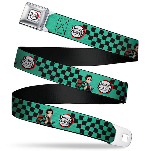 DEMON SLAYER Title Logo Full Color White Seatbelt Belt - DEMON SLAYER Tanjiro Kamado Backpack Pose Checker Green/Black Webbing