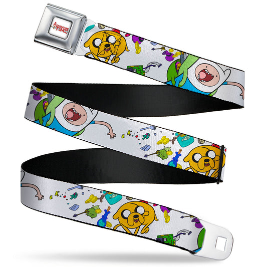 ADVENTURE TIME Title Logo Full Color White Seatbelt Belt - Adventure Time Jake and Finn Open Pack Pose White Webbing