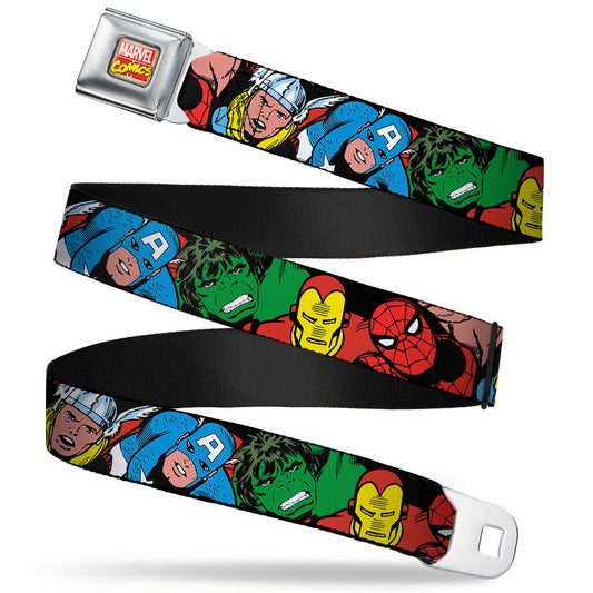 Marvel Comics Logo Full Color Seatbelt Belt - 5-Marvel Characters Black Webbing