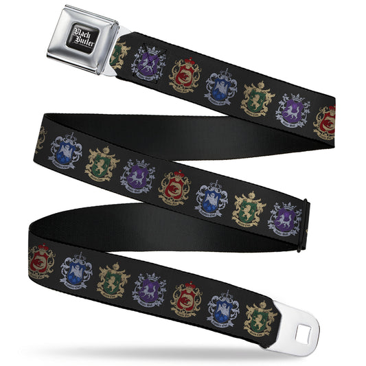 BLACK BUTLER PUBLIC SCHOOL ARC Title Logo Full Color Black/White Seatbelt Belt - Black Butler Public School Arc House Crest Icons Black Webbing