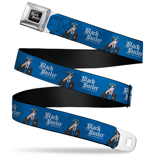 BLACK BUTLER PUBLIC SCHOOL ARC Title Logo Full Color Black/White Seatbelt Belt - BLACK BUTLER Lawrence Bluewer Pose and Title Logo Blue Webbing
