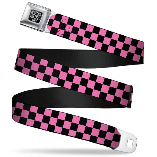 BD Wings Logo CLOSE-UP Full Color Black Silver Seatbelt Belt - Checker Black/Pink Webbing