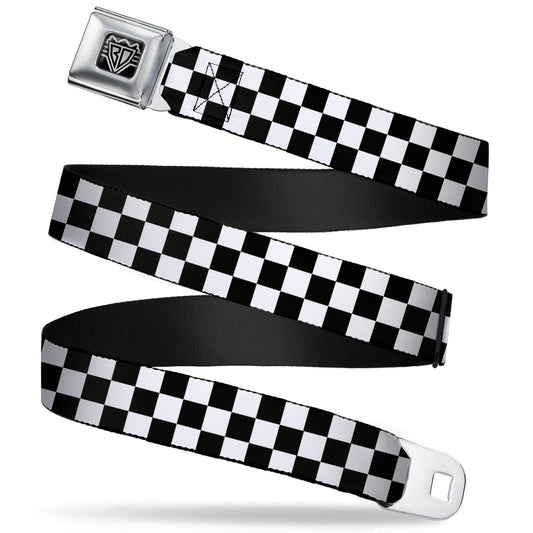 BD Wings Logo CLOSE-UP Full Color Black Silver Seatbelt Belt - Checker Black/White Webbing