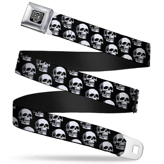 BD Wings Logo CLOSE-UP Full Color Black Silver Seatbelt Belt - 3-D Skulls Repeat Black/Grays/White Webbing