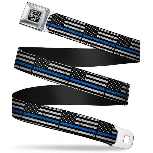 BD Wings Logo CLOSE-UP Black/Silver Seatbelt Belt - Thin Blue Line Flag Weathered Black/Gray/Blue Webbing