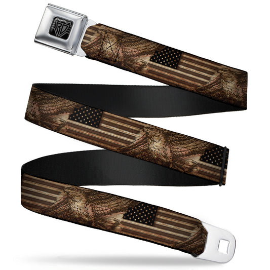 BD Wings Logo CLOSE-UP Full Color Black Silver Seatbelt Belt - Americana Eagle & Flag Rustic Wood Grain Webbing