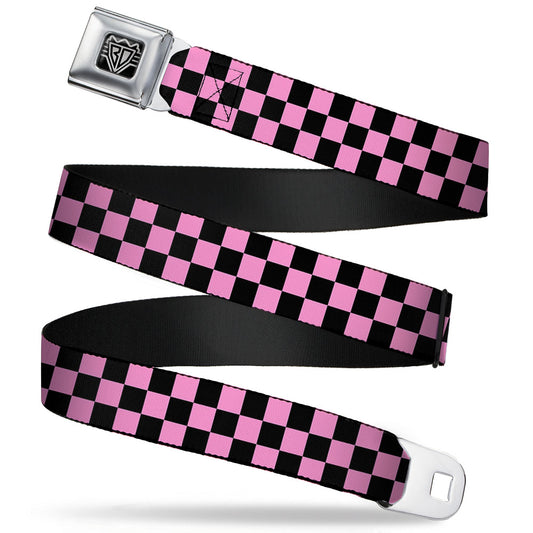 BD Wings Logo CLOSE-UP Full Color Black Silver Seatbelt Belt - Checker Black/Baby Pink Webbing