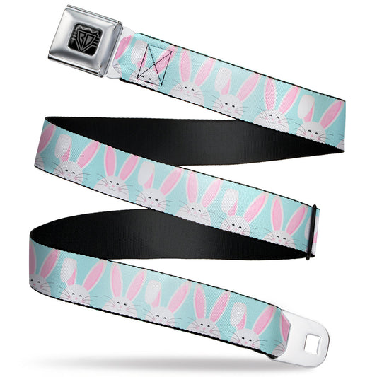 BD Wings Logo CLOSE-UP Black/Silver Seatbelt Belt - Easter Bunnies Smiling Sky Blue Webbing