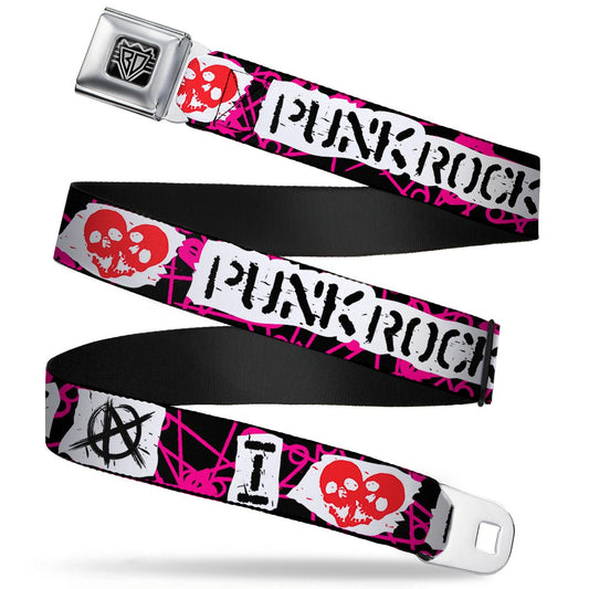 BD Wings Logo CLOSE-UP Full Color Black Silver Seatbelt Belt - I Heart Punk Rock w/Safety Pins Black/Fuchsia/White Webbing