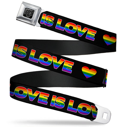 BD Wings Logo CLOSE-UP Full Color Black Silver Seatbelt Belt - LOVE IS LOVE/Heart Black/Rainbow Webbing