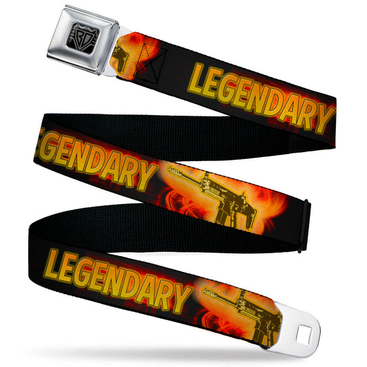BD Wings Logo CLOSE-UP Black/Silver Seatbelt Belt - LEGENDARY AR/Flames Black/Oranges/Yellows Webbing