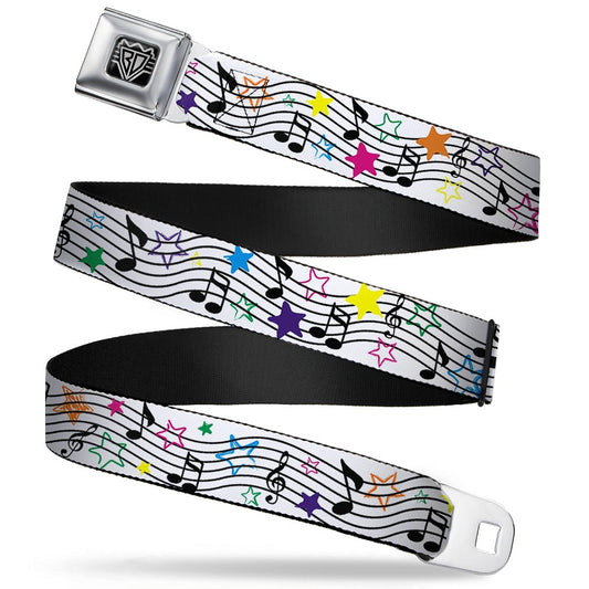 BD Wings Logo CLOSE-UP Full Color Black Silver Seatbelt Belt - Music Notes Stars White/Black/Multi Color Webbing