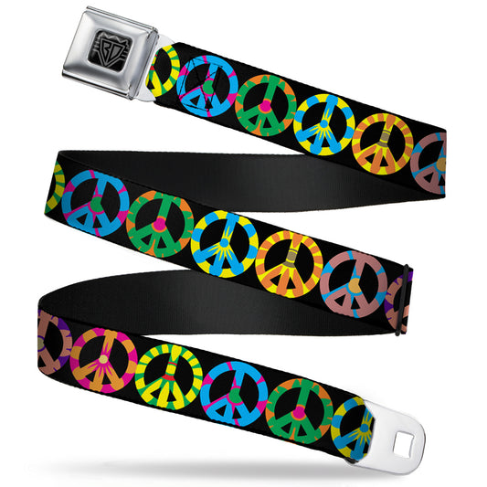 BD Wings Logo CLOSE-UP Full Color Black Silver Seatbelt Belt - Peace Flowers Black/Multi Color Webbing
