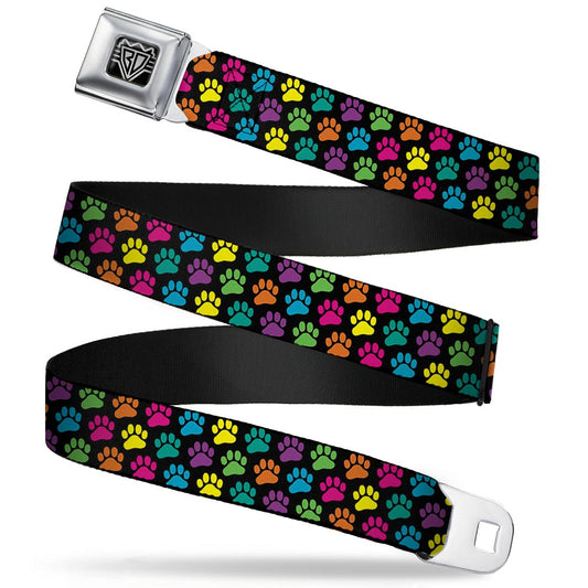BD Wings Logo CLOSE-UP Full Color Black Silver Seatbelt Belt - Paw Print Black/Multi Color Webbing