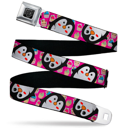BD Wings Logo CLOSE-UP Black/Silver Seatbelt Belt - Penguins w/Cupcakes Fuchsia/Purple/White Webbing