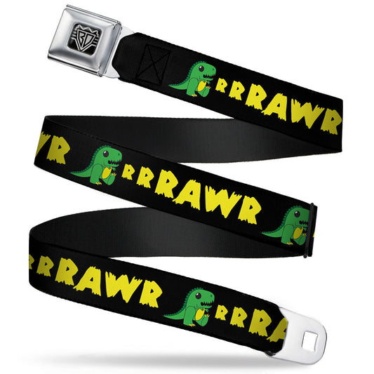 BD Wings Logo CLOSE-UP Full Color Black Silver Seatbelt Belt - RRRAWR Dinosaur Black/Green/Yellow Webbing