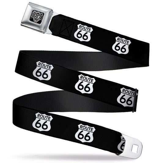 BD Wings Logo CLOSE-UP Full Color Black Silver Seatbelt Belt - ROUTE 66 Highway Sign Repeat Black/White Webbing