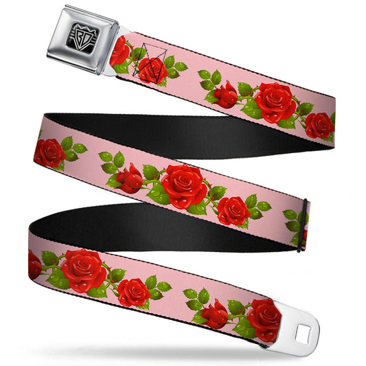 BD Wings Logo CLOSE-UP Full Color Black Silver Seatbelt Belt - Rose Trio/Leaves Pink Webbing