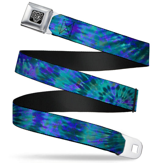 BD Wings Logo CLOSE-UP Full Color Black Silver Seatbelt Belt - Tie Dye Green/Blue/Purple Webbing