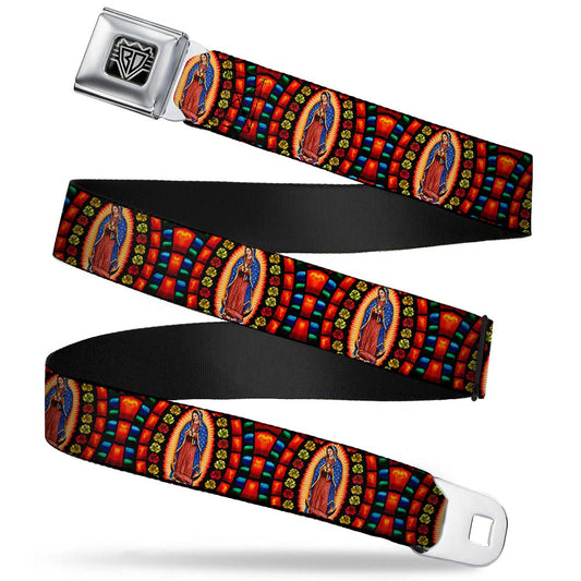 BD Wings Logo CLOSE-UP Full Color Black Silver Seatbelt Belt - Virgen de Guadalupe Webbing