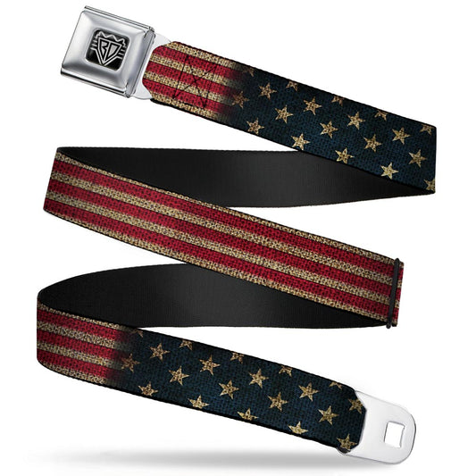 BD Wings Logo CLOSE-UP Full Color Black Silver Seatbelt Belt - Vintage US Flag Stretch Webbing