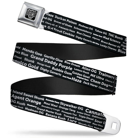 Seatbelt Belt - Verbiage Marijuana Strains Black/White