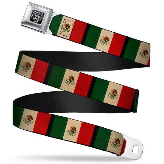 BD Wings Logo CLOSE-UP Full Color Black Silver Seatbelt Belt - Mexico Flag Distressed Webbing