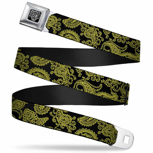 BD Wings Logo CLOSE-UP Full Color Black Silver Seatbelt Belt - Paisley Black/Neon Yellow Webbing
