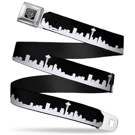 BD Wings Logo CLOSE-UP Full Color Black Silver Seatbelt Belt - Seattle Solid Skyline Black/White Webbing