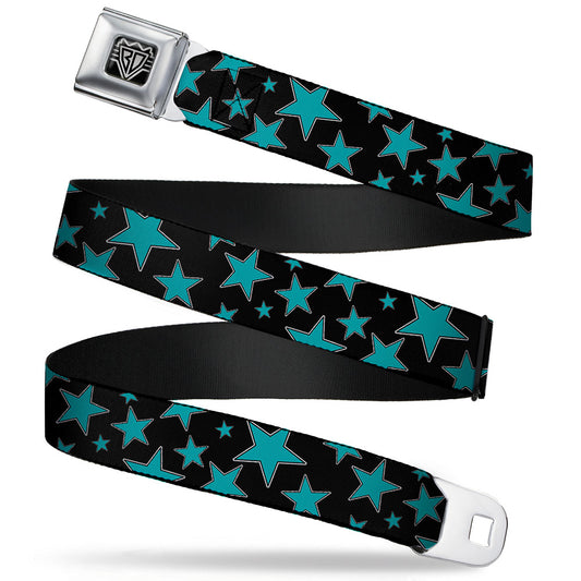 BD Wings Logo CLOSE-UP Full Color Black Silver Seatbelt Belt - Stars/Multi Stars Black/Turquoise Webbing
