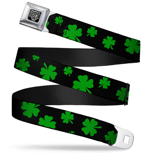 BD Wings Logo CLOSE-UP Full Color Black Silver Seatbelt Belt - St. Pat's Clovers Scattered2 Black/Green Webbing