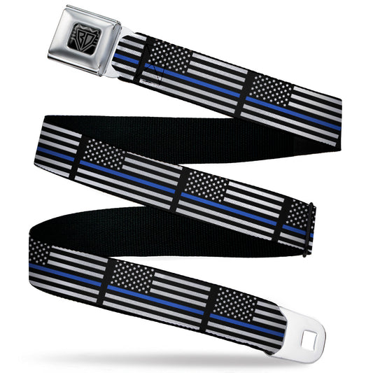 BD Wings Logo CLOSE-UP Black/Silver Seatbelt Belt - Thin Blue Line Flag Black/Gray/Blue Webbing
