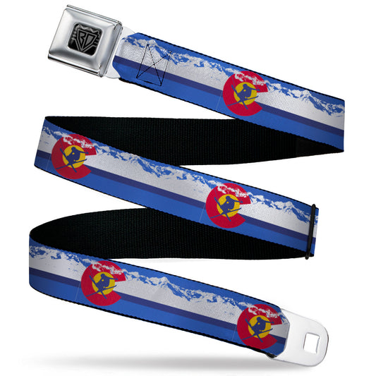 BD Wings Logo CLOSE-UP Black/Silver Seatbelt Belt - Colorado Skier4/Mountains Blues/White/Red/Yellow Webbing