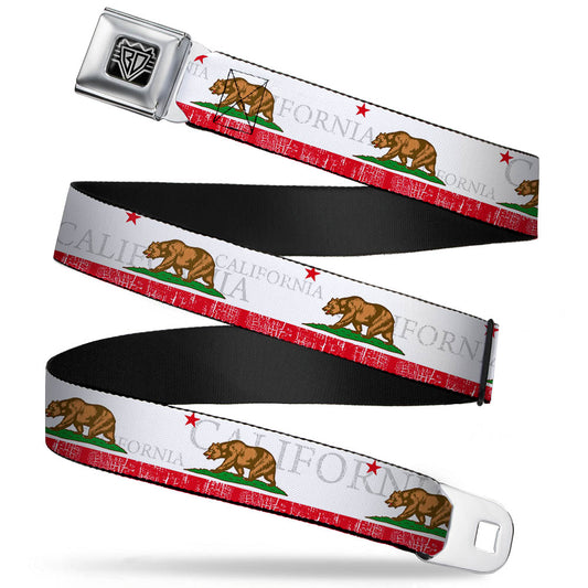 BD Wings Logo CLOSE-UP Full Color Black Silver Seatbelt Belt - CALIFORNIA Bear/Star/Crackle Stripe White/Gray/Red Webbing
