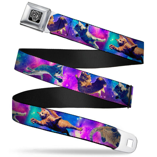 BD Wings Logo CLOSE-UP Full Color Black Silver Seatbelt Belt - Cats in Space Pinks/Blues Webbing