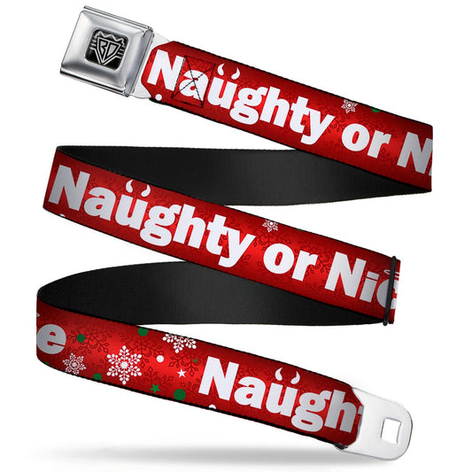 BD Wings Logo CLOSE-UP Full Color Black Silver Seatbelt Belt - Christmas NAUGHTY OR NICE/Snowflakes Reds/White/Green Webbing