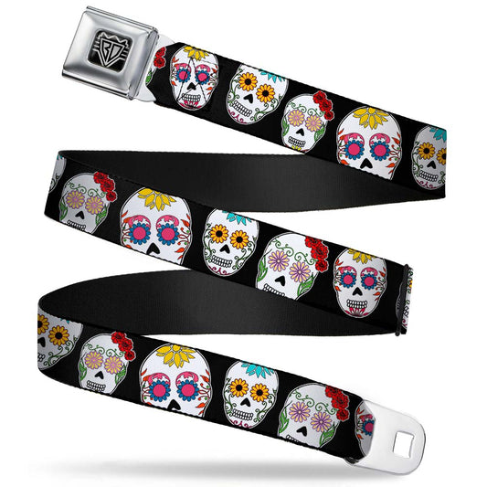 BD Wings Logo CLOSE-UP Full Color Black Silver Seatbelt Belt - Staggered Sugar Skulls CLOSE-UP Black/Multi Color Webbing