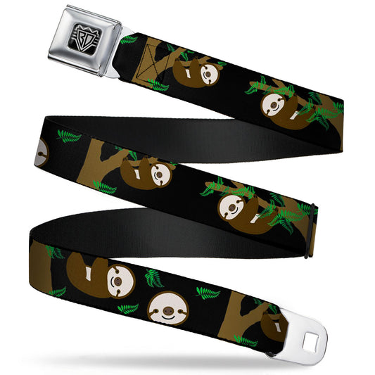 BD Wings Logo CLOSE-UP Full Color Black Silver Seatbelt Belt - Sloth Face/Hanging Black Webbing
