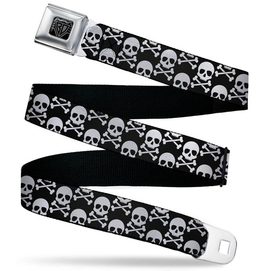 BD Wings Logo CLOSE-UP Black/Silver Seatbelt Belt - Skull & Cross Bones Staggered Black/White Webbing