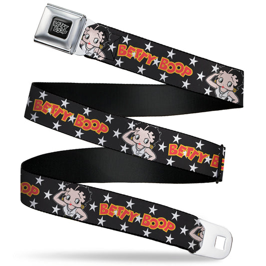 BETTY BOOP Title Logo Full Color Black/White Seatbelt Belt - BETTY BOOP Salute Pose and Text Stars Black/White/Yellow/Red Webbing