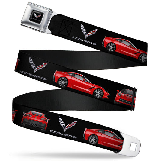 C7 Full Color Black Seatbelt Belt - C7 Logo/Red C7 Side/Front/Rear Views Black Webbing