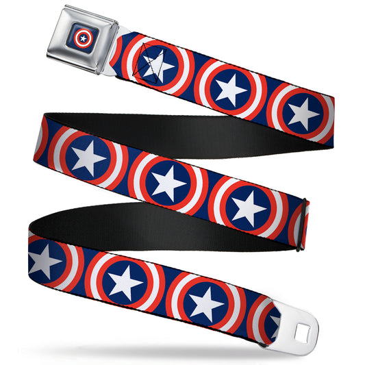 Captain America Shield Full Color Navy Seatbelt Belt - Captain America Shield Repeat Navy Webbing
