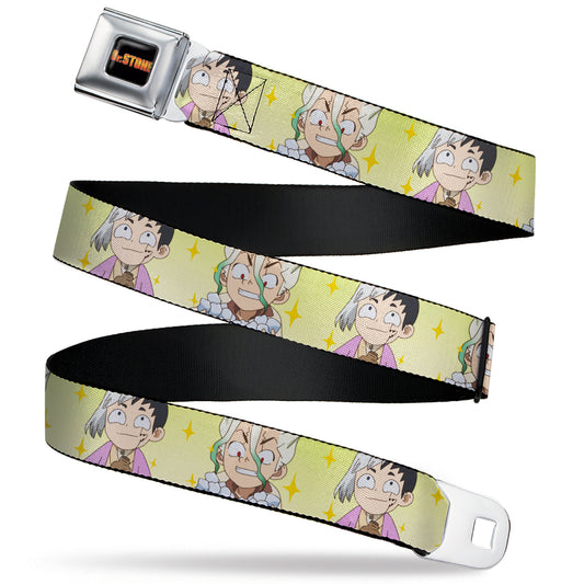 DR. STONE Title Logo Full Color Black/Orange Seatbelt Belt - Dr. Stone Chibi Senku and Gen Faces Stars Yellows Webbing