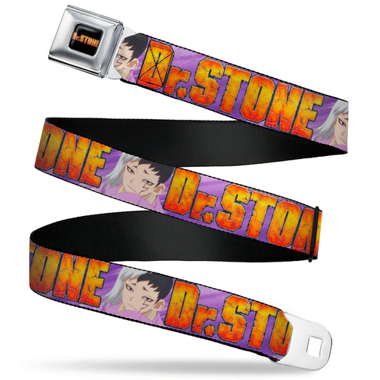 DR. STONE Title Logo Full Color Black/Orange Seatbelt Belt - DR. STONE Title Logo and Gen Asagiri Face Purples Webbing