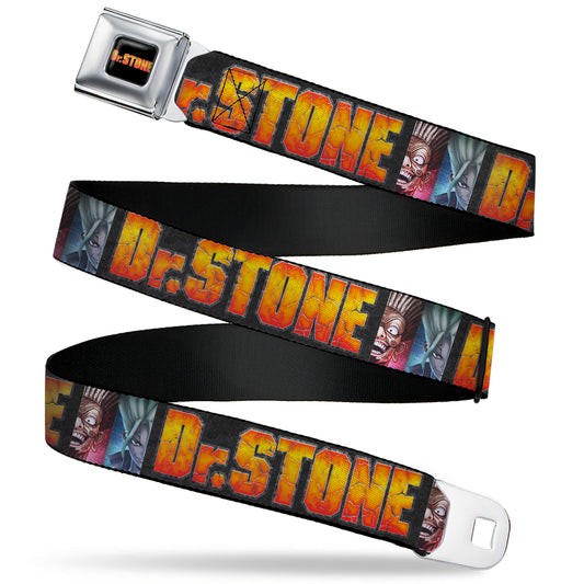 DR. STONE Title Logo Full Color Black/Orange Seatbelt Belt - DR. STONE Title Logo and Ibarra Senku Split Pose Black Webbing