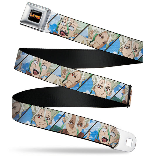 DR. STONE Title Logo Full Color Black/Orange Seatbelt Belt - Dr. Stone Senku Ishigami Expression Blocks Blues Webbing