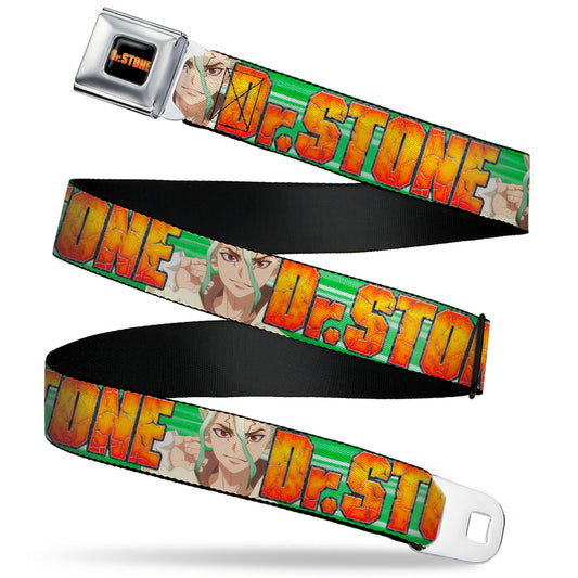 DR. STONE Title Logo Full Color Black/Orange Seatbelt Belt - DR. STONE Title Logo and Suika Face Close-Up Greens Webbing