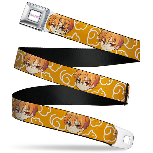 FRUITS BASKET Title Logo Full Color White/Purple Seatbelt Belt - Fruits Basket Chibi Kyo Soma Face and Kimono Cat Icon Orange/White Webbing