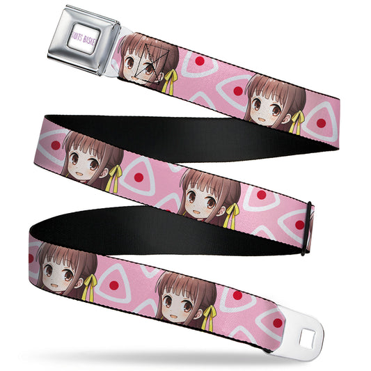 FRUITS BASKET Title Logo Full Color White/Purple Seatbelt Belt - Fruits Basket Chibi Tohru Honda Face and Kimono Rice Ball Icon Pink/White/Red Webbing