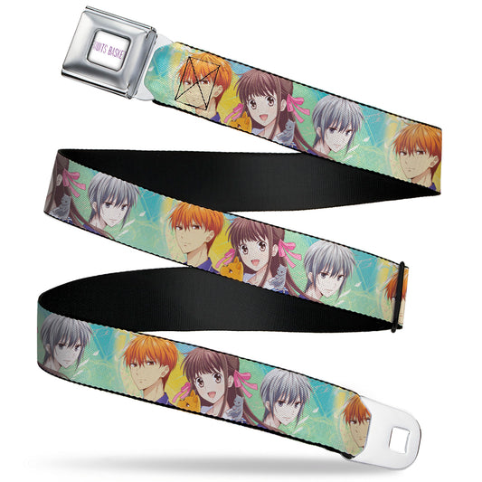 FRUITS BASKET Title Logo Full Color White/Purple Seatbelt Belt - Fruits Basket Kyo Tohru Yuki Group Pose Greens/Blues Webbing